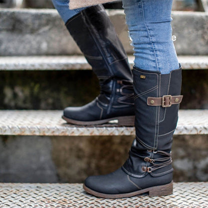 2023 Women Vintage Leather Zipper High Snow Boots, Wide Calf Comfort Boots