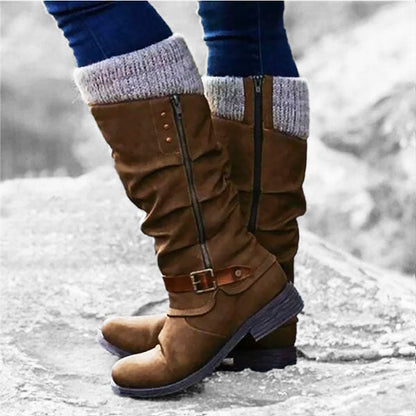 Women’s Leather Flat Heel Mid-Calf Zipper Boots